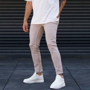 Men's Oversize Ripped Jeans Shorts Beige - 2