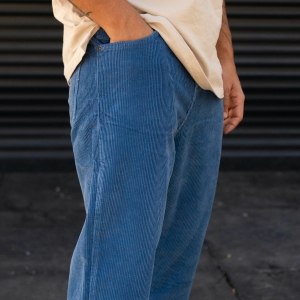 Men's Loose Fit Pants Velvet Trousers In Blue - 5