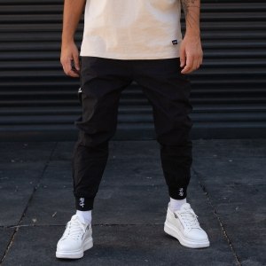 Men's Oversize Parachute Textured Text Detailed Jogger With Embroidered Hem In Black - 1