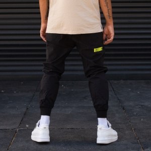 Men's Oversize Parachute Textured Text Detailed Jogger With Embroidered Hem In Black