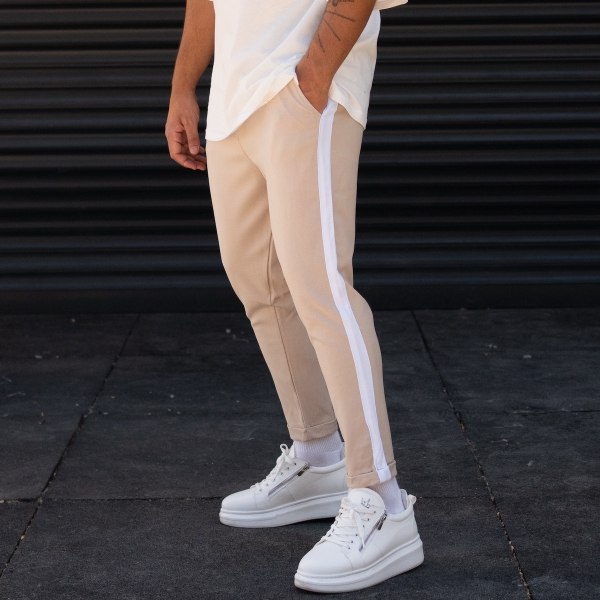 Men's Comfort Fit Pants With Side Stripes In Beige - 1
