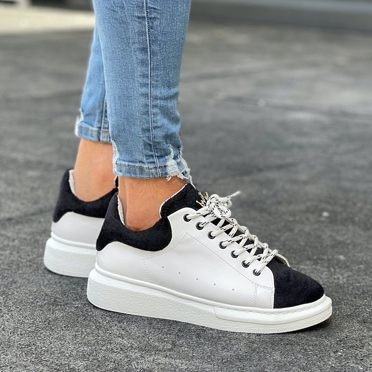Hype Sole Sneakers in White-Partial Short Black Fur - 1