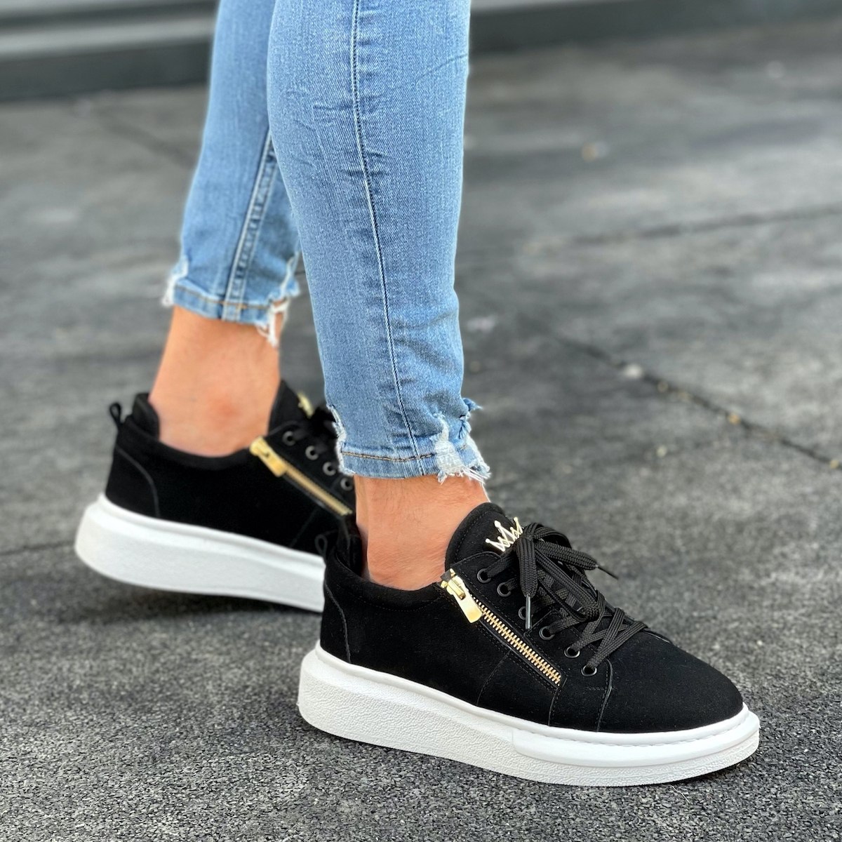Chunky Suede Sneakers Gold Zipper Designer Shoes Black | Martin Valen