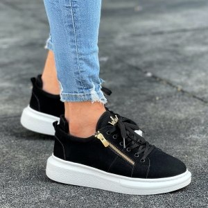 Chunky Suede Sneakers Gold Zipper Designer Shoes Black - 3