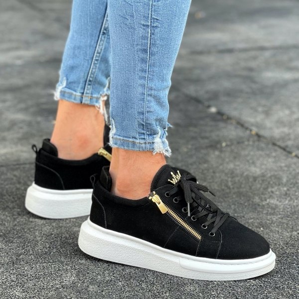 Chunky Suede Sneakers Gold Zipper Designer Shoes Black - 5