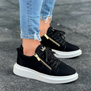 Chunky Suede Sneakers Gold Zipper Designer Shoes Black - 7