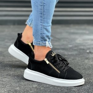 Chunky Suede Sneakers Gold Zipper Designer Shoes Black - 2