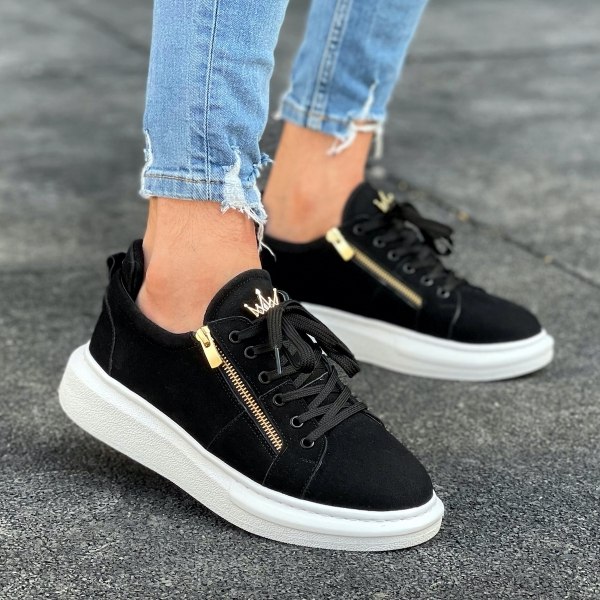 Chunky Suede Sneakers Gold Zipper Designer Shoes Black - 2
