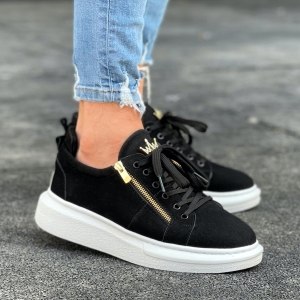 Chunky Suede Sneakers Gold Zipper Designer Shoes Black - 8