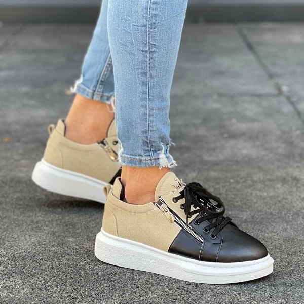 Plateau Sneakers Designer Schuhe mit Reissverschluss in creme-schwarz - 2