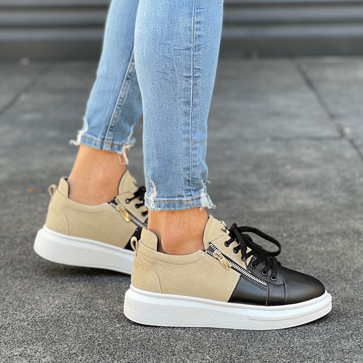 Hype Sole Zipped Style Sneakers in Cream-Black | Martin Valen