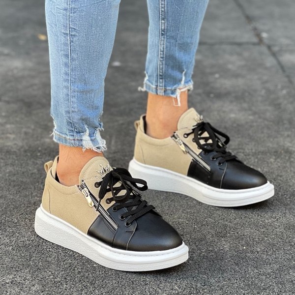 Plateau Sneakers Designer Schuhe mit Reissverschluss in creme-schwarz - 4
