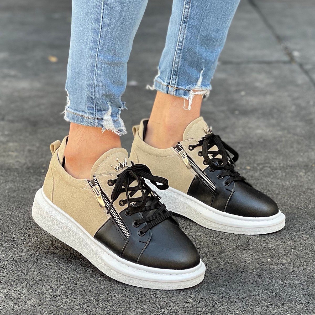 Hype Sole Zipped Style Sneakers in Cream-Black - 5