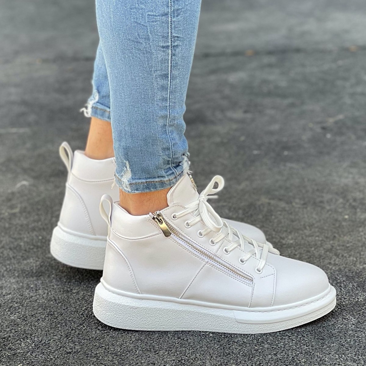 Hype Sole Zipped Style High Top Sneakers in Full White | Martin Valen