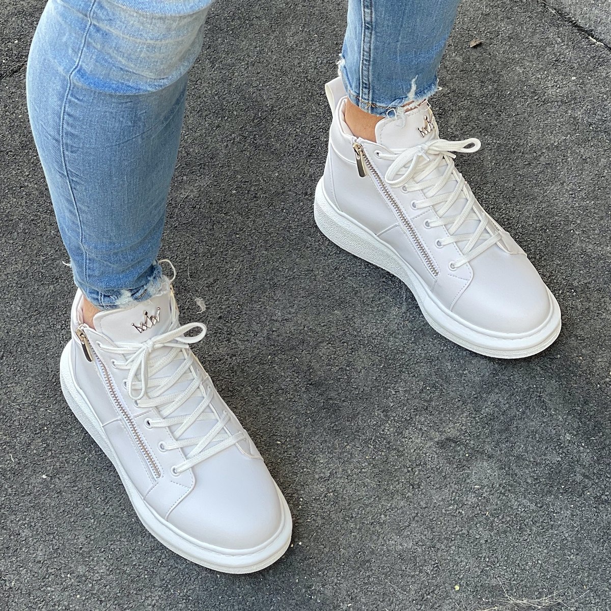 Hype Sole Zipped Style High Top Sneakers in Full White | Martin Valen