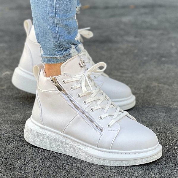 Hype Sole Zipped Style High Top Sneakers in Full White - 1