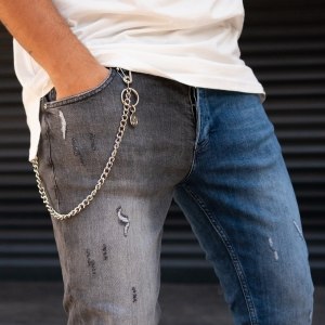 Men's Ripper Jeans Double Color With Chain Fume-Blue - 6