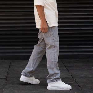 Men's Straight Leg Jeans Designer Font Detail Pants Grey