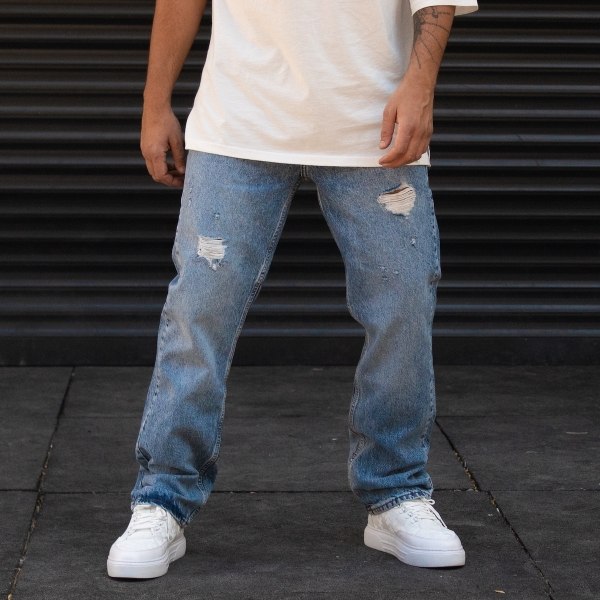 Men's Baggy Jeans Stoned Patchwork Designer Blue - 1