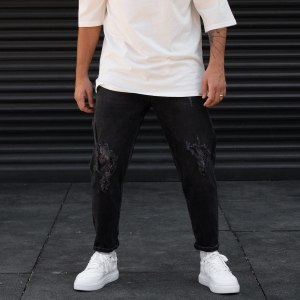 Men's Oversize Jeans Stoned Ethnic Designer Pants Black - 1