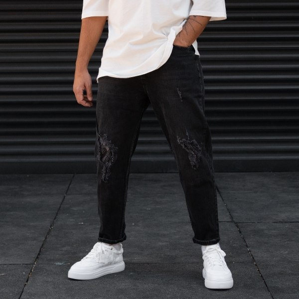 Men's Oversize Jeans Stoned Ethnic Designer Pants Black - 2