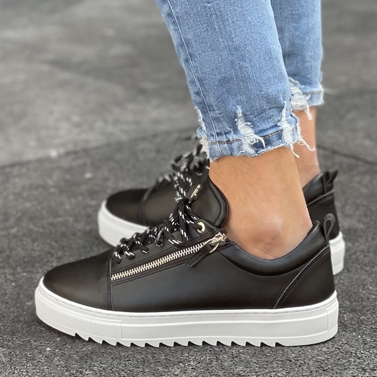Hombre Bajo-Top Sneakers Cremallera Diseñador Zapatos Negro | Martin Valen