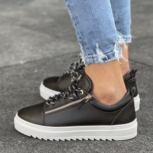 Men's Low Top Sneakers Zipper Designer Shoes Black - 6