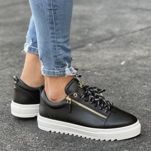 Men's Low Top Sneakers Gold Zipper Designer Shoes Black - 3