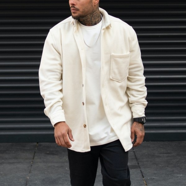 Men's Oversize Shirt Fleece Soft Fabric White - 4