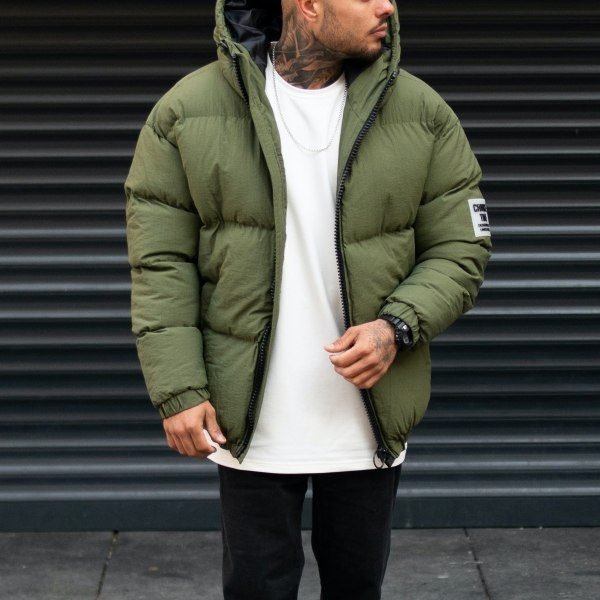Men's Puffer Jacket With Hood Khaki - 1