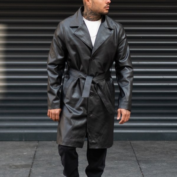 Men's Long Coat Leather High Collar Black - 1