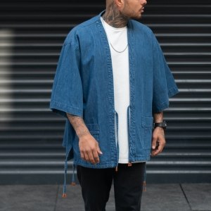 Men's Denim Kimono Jacket Dark Blue - 1