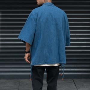 Men's Denim Kimono Jacket Dark Blue - 5