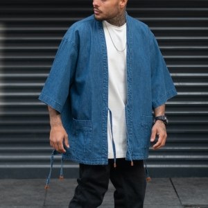 Men's Denim Kimono Jacket Dark Blue - 3