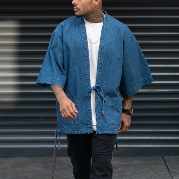Men's Denim Kimono Jacket Dark Blue - 4