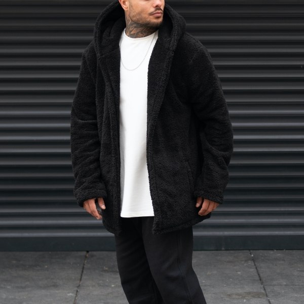 Men's Oversize Cardigan Fleece With Pocket Black - 3