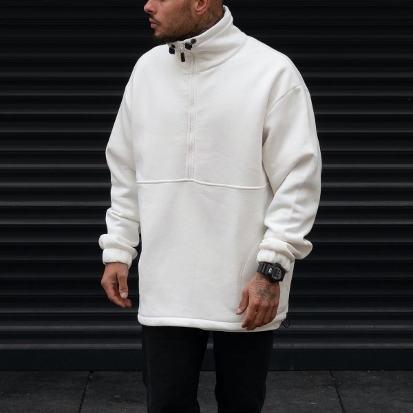 Men's Oversize Hoodie With Zipper Neck String White