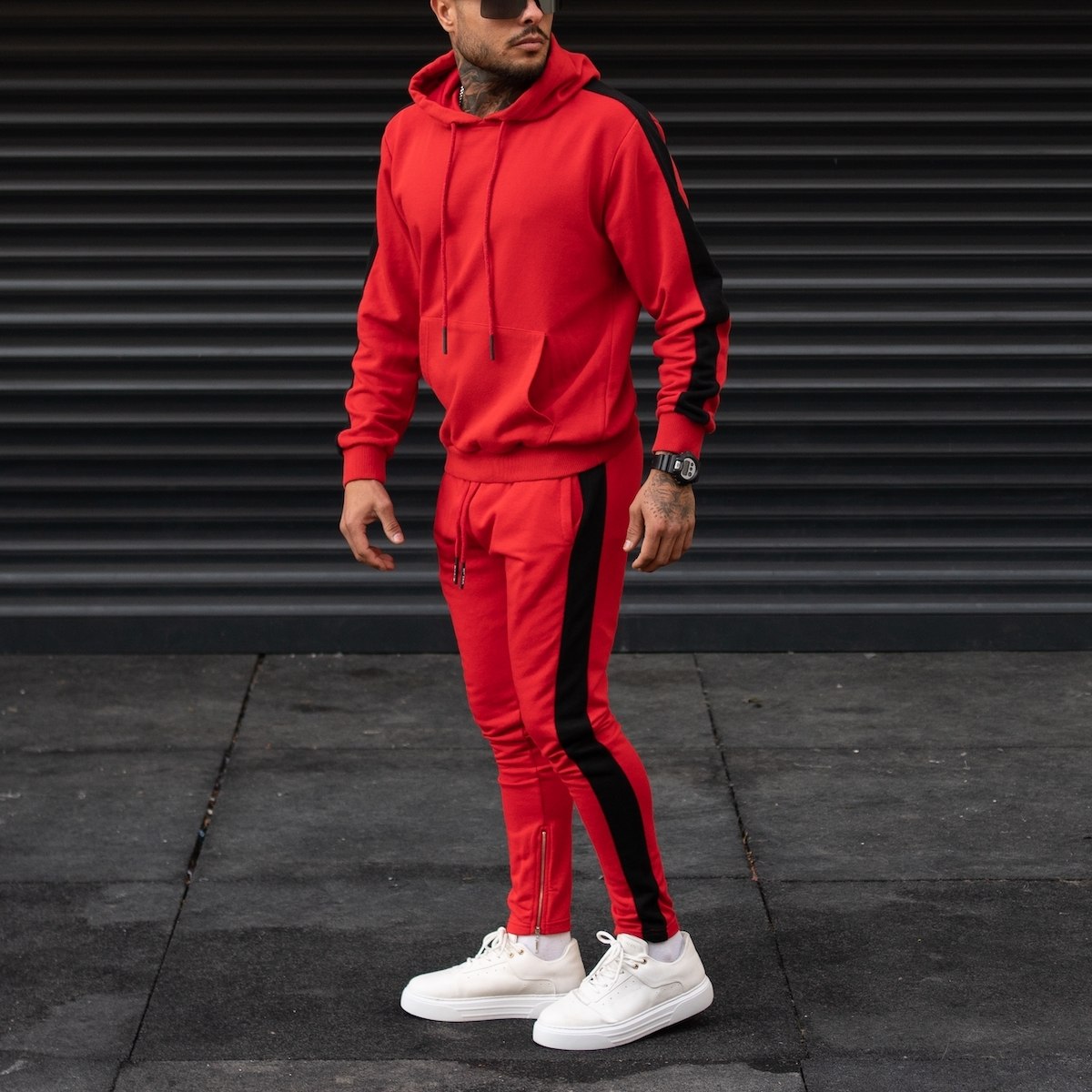 Men's Black-Stripped Red Tracksuit - 2