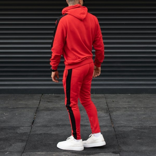 Men's Black-Stripped Red Tracksuit - 6