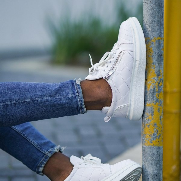 Casual Sneakers With Stitch and Side-zip Design in White - 1