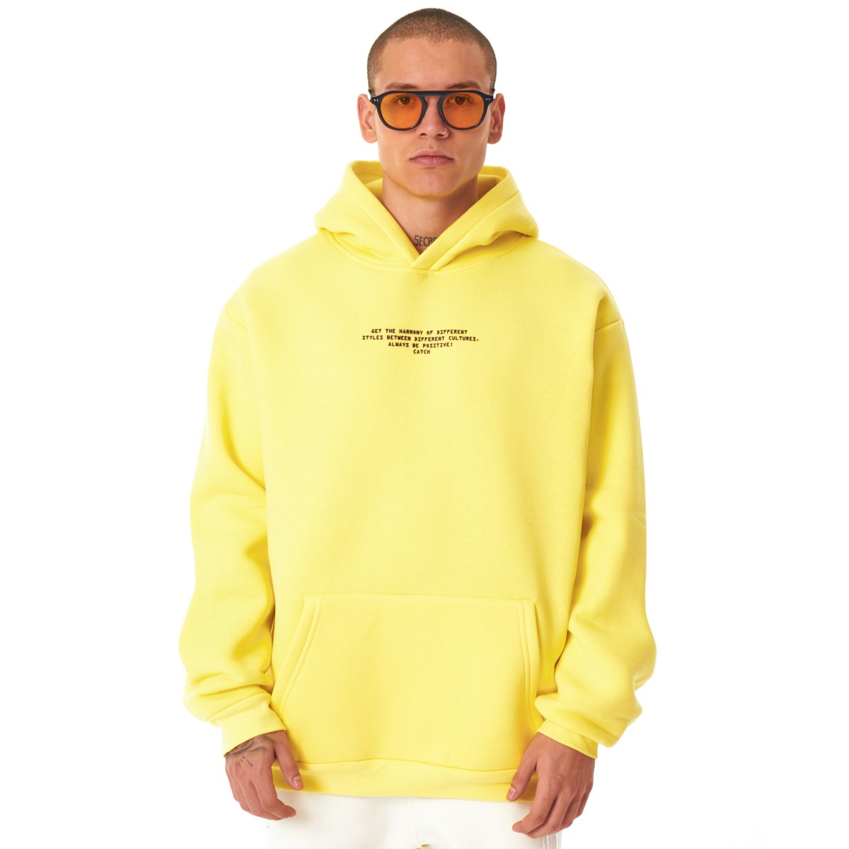 Men's Hoody Text Detailed With Front Pockets In Yellow