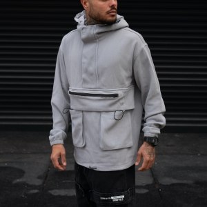 Men's Zipped Denim Sweatshirt With Double Pocket In Gray - 3
