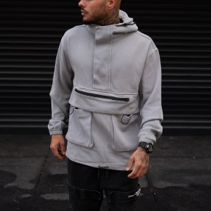 Men's Zipped Denim Sweatshirt With Double Pocket In Gray - 2