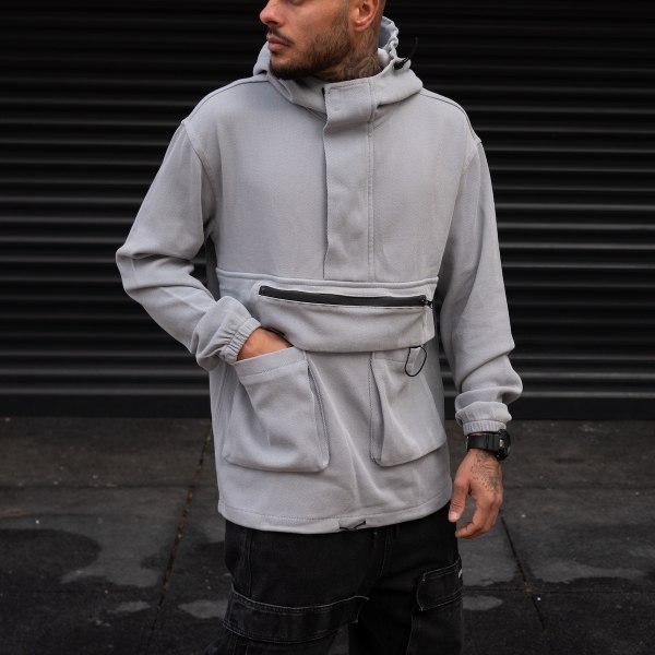 Men's Zipped Denim Sweatshirt With Double Pocket In Gray - 4