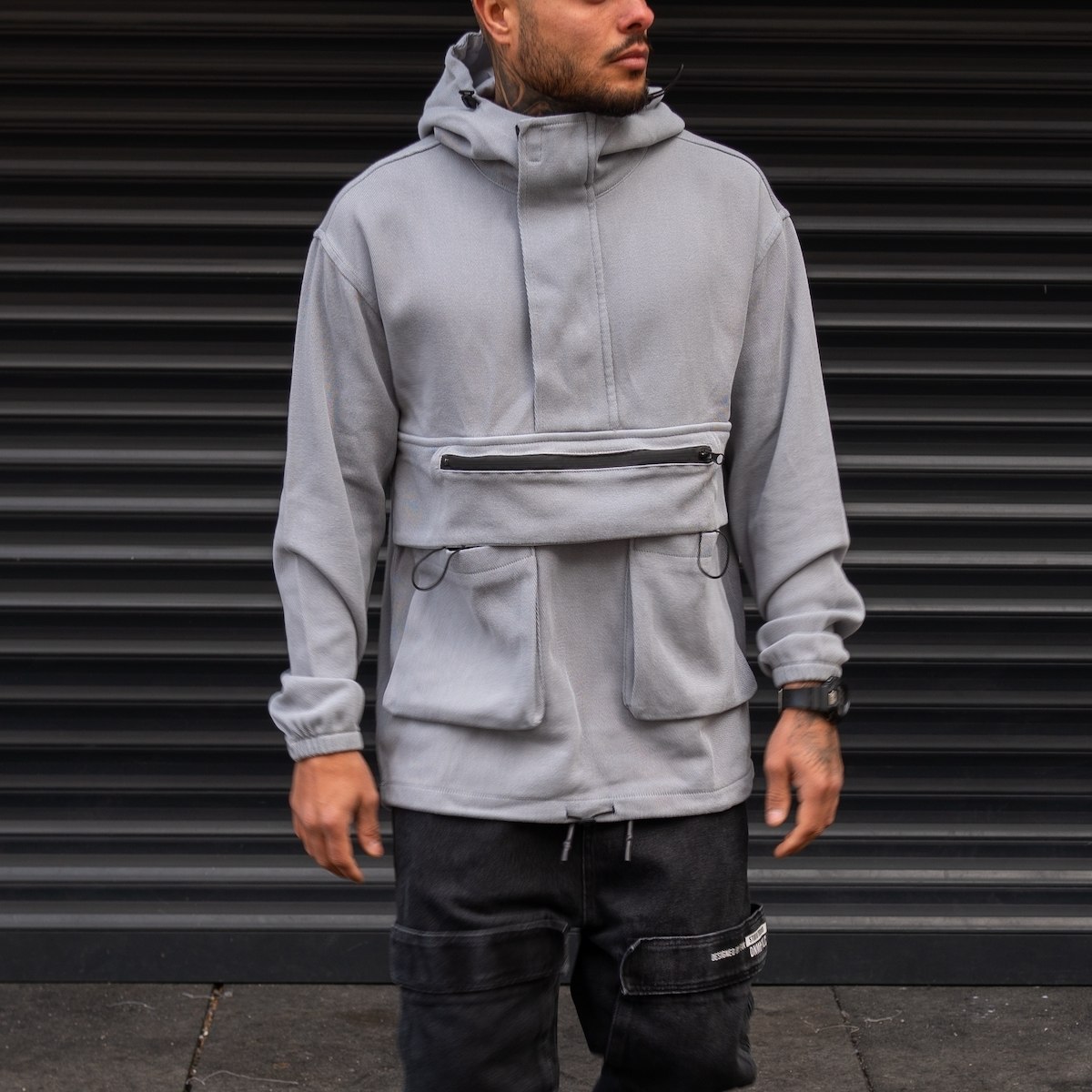 Men's Zipped Denim Sweatshirt With Double Pocket In Gray - 1