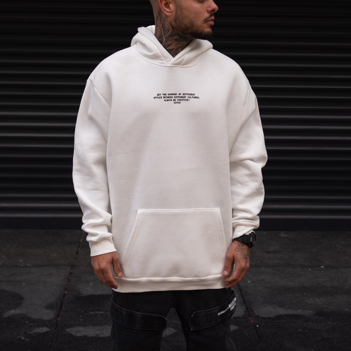 Men's Hoody Text Detailed With Front Pockets In White - 1