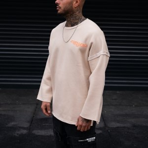 Men's Oversize Text Detailed Wide Sleeved Sweatshirt In Cream