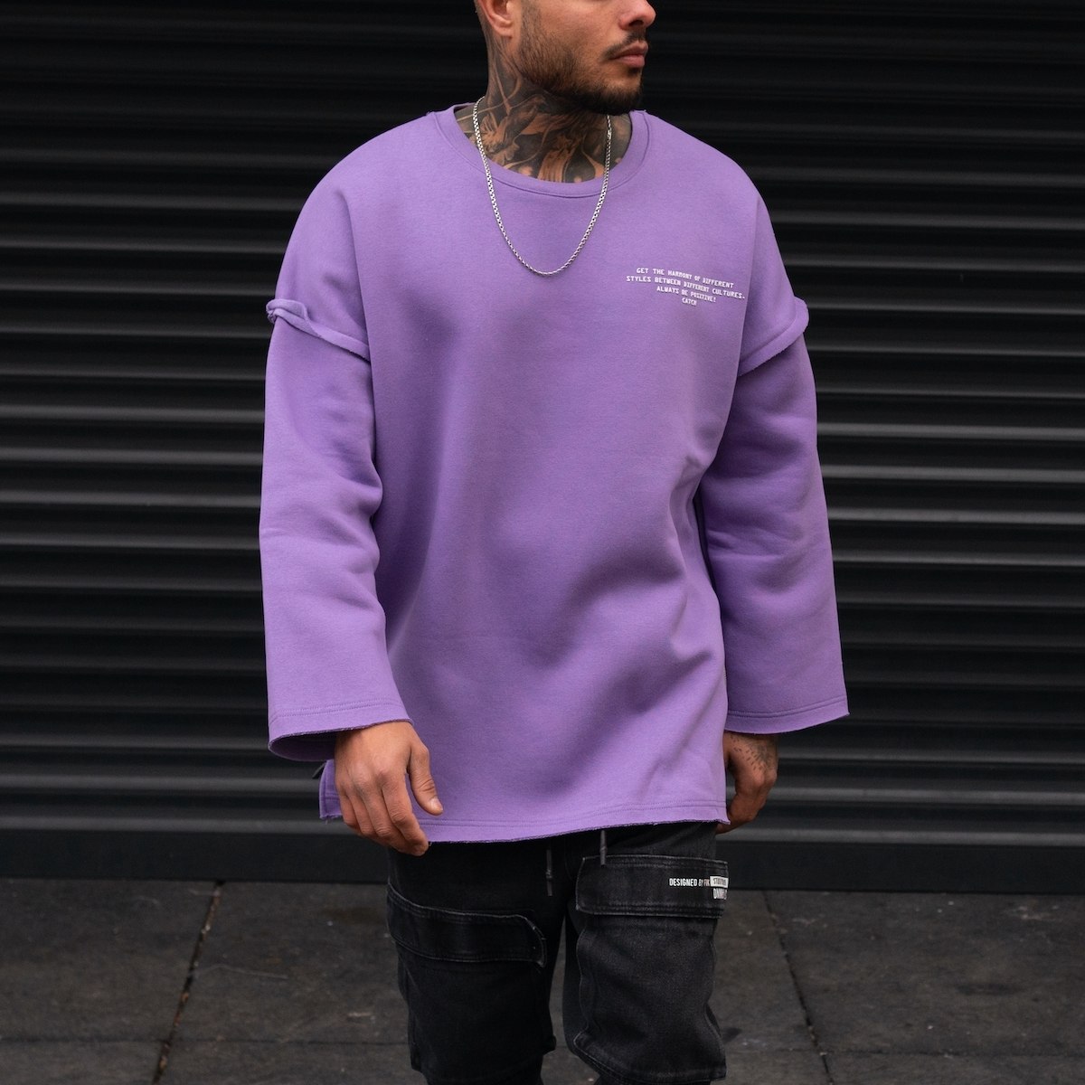 Men's Oversize Text Detailed White Sleeved Sweatshirt In Purple - 1