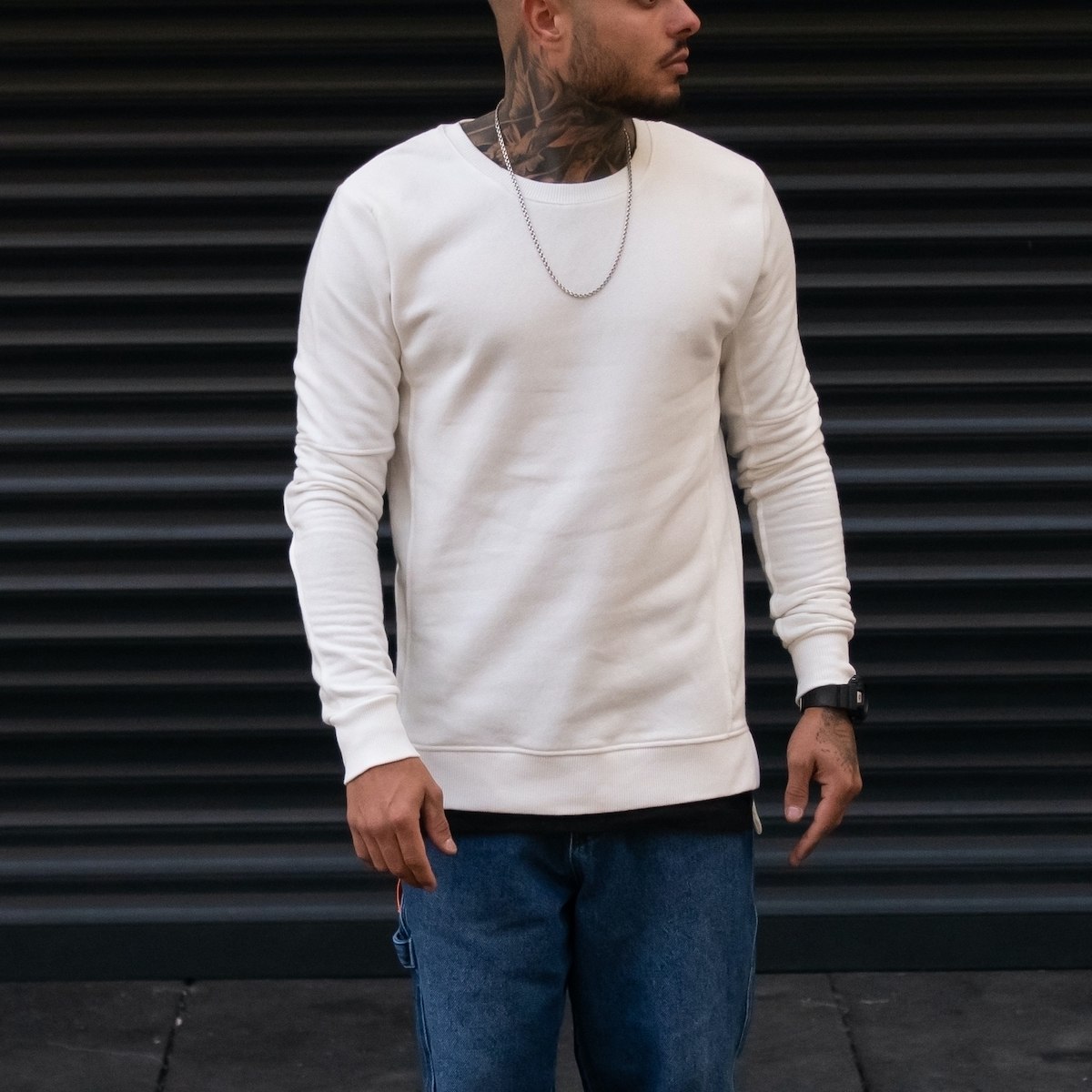 Men's Double-Sleeved Patchwork Sweatshirt In White - 1