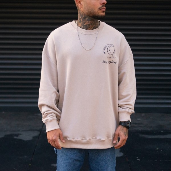 Men's Oversize Basic Sweatshirt With Designer Graphic Print Creme - 2